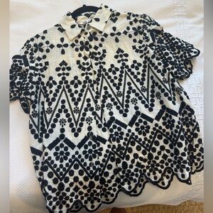 Zara Black and Cream Geometric Button Down Shirt